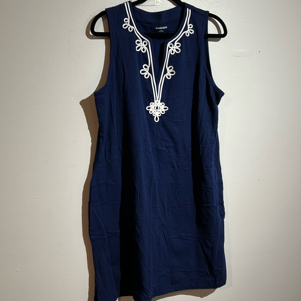 Lands End Cotton Navy Print Dress w Pockets size L (14-16) NWT